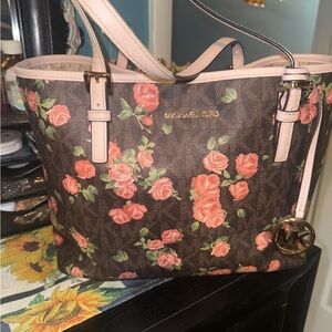 Michael Kors Rose Print Brown Tote